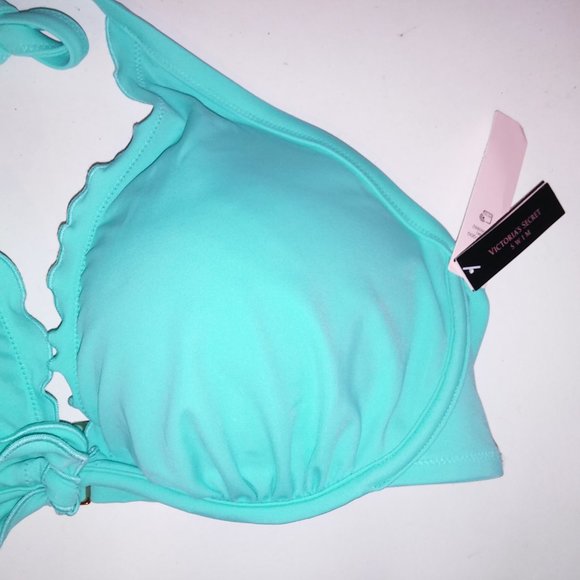 Victoria Secret Swim Bikini Top 40C Aqua Seafoam Glow Ruffle Trim Halter Removab - Picture 4 of 6